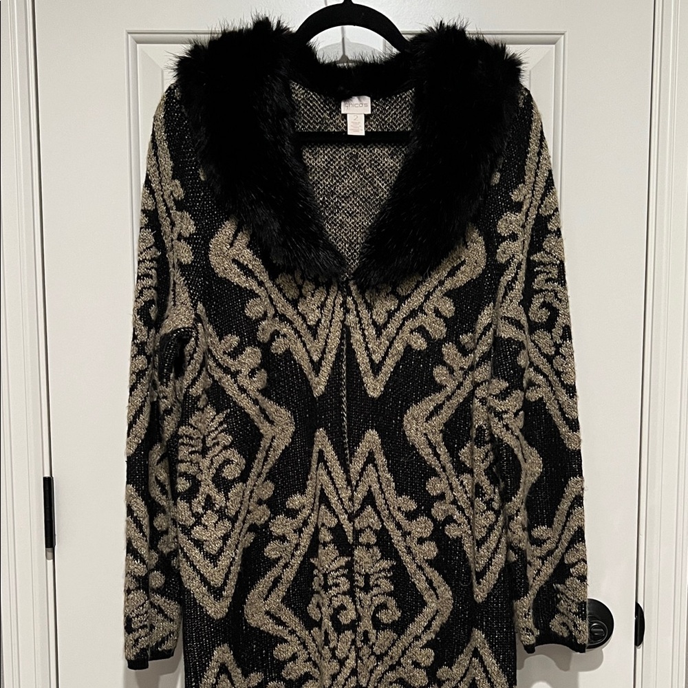 Chico’s Sweater Coat Faux Fur Collar Metallic Knit Size L